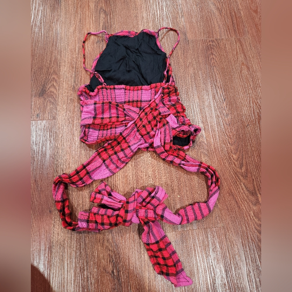 Free People Real Love Plaid Pink and Red Women's Strappy Wrap Top - Picture 4 of 6